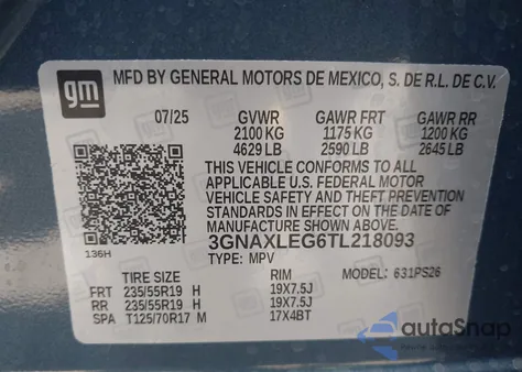 2026 Chevrolet Equinox Fwd Rs из США, поврежденный, VIN 3GNAXLEG6TL218093